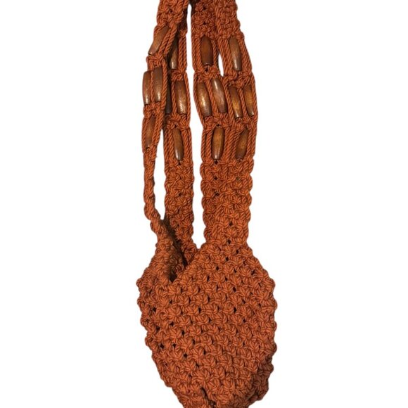 Vintage Macramé Plant Hanger | 70s Boho Woven Hanging Planter with Wooden Beads - Picture 2 of 6